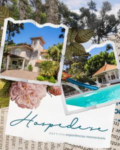 a collage of photos of a house and a pool at Doce Canela - Pousada de Charme in Canela