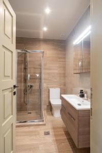 Un baño con ducha, inodoro y lavabo. en LightHouse Portaria, en Portaria