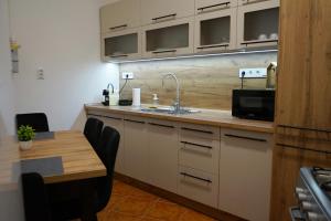 ニーレジハーザにあるPalatini Apartmanのキッチン(シンク、テーブル、電子レンジ付)