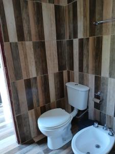 a bathroom with a toilet and a sink at Hostel El Refugio de Las Aves in Santa Rosa de Calamuchita