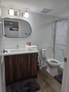 a bathroom with a toilet and a sink and a mirror at YYC Cozy Suites in Calgary +19 photos
