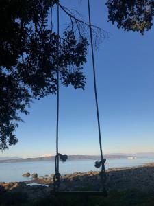 Un columpio en la playa con el agua al fondo en Cabaña entre mares Huelmo, en Puerto Montt