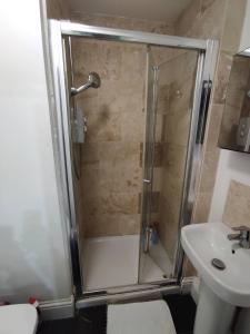 een badkamer met een douche, een toilet en een wastafel bij Relax Graza of Marsel in Cambridge