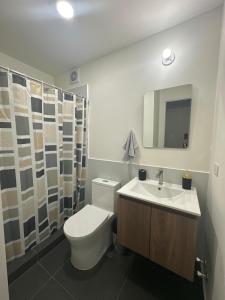 een badkamer met een toilet, een wastafel en een spiegel bij Luxury Duplex on the 15th Floor with Terrace in Lima +17 foto's