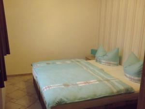 Holiday home in Schaprode with barbecue في Charlottendorf: غرفة نوم عليها سرير ومخدات زرقاء