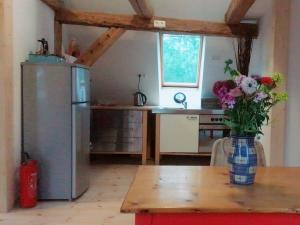 2 with large garden, playground and pool في Sommerstorf: مطبخ مع ثلاجة وطاولة مع إناء من الزهور +5 صور