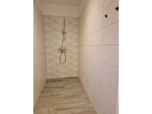 a bathroom with a shower with a shower head at Holiday home Ebbe with dog up to 14 people in Schülp +24 photos