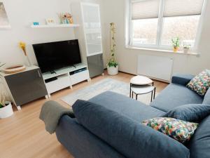 a living room with a blue couch and a flat screen tv at Alb holiday home Zinnäcker in Trochtelfingen