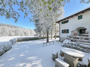 a snow covered yard with a table and a building at Rehberg Hütte in Georgenberg +27 photos