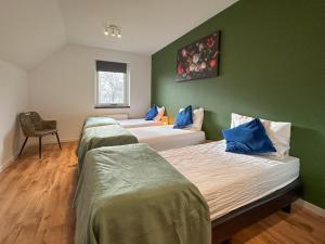 drie bedden in een kamer met groene muren bij Landzicht in Haps