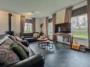 een woonkamer met een leren bank en een televisie bij Landzicht in Haps