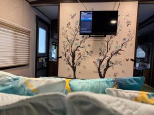 une pièce avec une télévision fixée au mur, entourée d'arbres dans l'établissement Oasis rodante, à Tampa