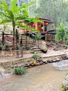 สายน้ำและขุนเขาแม่กำปอง The River & Mountain maekampong في شيانغ ماي: كوخ خشبي ذو درج بجوار نهر