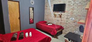 een slaapkamer met twee rode bedden en een tv bij Chalé Viçosinha de Açúcar in Viçosa do Ceará