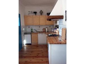 uma pequena cozinha com piso e armários de madeira em Berg Castle Klösterle em Zedlitzdorf