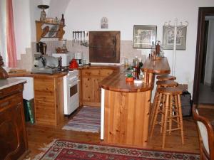 uma cozinha com uma ilha no meio dela em Berg Castle Klösterle em Zedlitzdorf