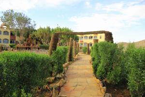 una pasarela frente a una casa con arbustos en oasis panorama hotel, en Bawati