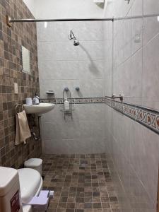 a bathroom with a shower and a toilet and a sink at Casa Rústica del pedregal in Mexico City +13 photos