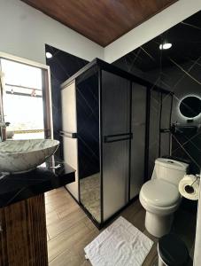 Villa Oropéndola Sarapiquí في Colonia Carvajal: حمام مزود بمرحاض ومغسلة ومرآة