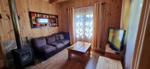 uma sala de estar com um sofá e um fogão em Cabaña Alto Puelo em Puelo mais 14 fotografias