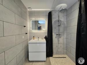 a white bathroom with a sink and a shower at Maison en pierres au cœur du Périgord, 10 personnes, charme authentique - FR-1-616-508 in LʼAir +16 photos