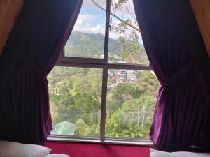 een slaapkamerraam met uitzicht op een berg bij Bliss den in Bandarawela