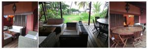 3 Bilder einer Veranda mit einem Tisch und Stühlen in der Unterkunft Residence Tsara Vintana in Ambatoloaka