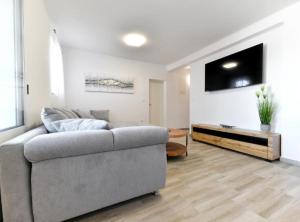 a living room with a couch and a flat screen tv at Villa Kate in Pašman