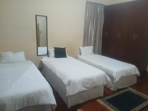 a hotel room with two beds and a mirror at Clark lodge at 272 in Durban