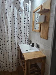 een badkamer met een wastafel en een douchegordijn bij Espacio ideal in Mar de Ajó