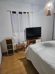 een slaapkamer met een bed en een flatscreen-tv bij Espacio ideal in Mar de Ajó