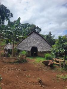 eine Hütte mit Strohdach auf einem Feld in der Unterkunft Twelve107 Farmstay in Krong Saen Monourom