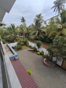 Una vista de un jardín con palmeras y una pasarela. en Eha Mundro Island Homestay, en Munroe Island