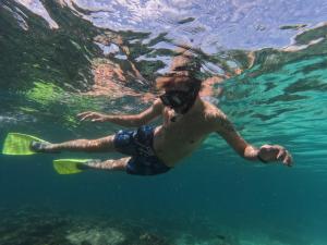 a man swimming in the water in the ocean at Minang Cove Resort in Tioman Island