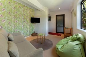 a living room with a couch and a tv at The Cove at Little O - Stay Waiheke in Oneroa +6 photos