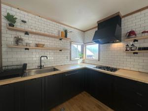 een keuken met zwarte kasten en een spoelbak bij Pine House in Rankoshi +5 foto's