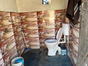 La salle de bains est pourvue de toilettes et d'une peinture murale. dans l'établissement Hill View Cottage, à Chakrata