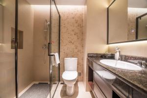 Un baño con inodoro, lavabo y ducha. en Lijiang Wangfu Hotel, en Lijiang 47 fotos más