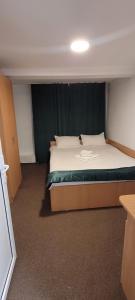 a bedroom with a large bed with a green curtain at Sportul Alpin in Lupeni +2 photos