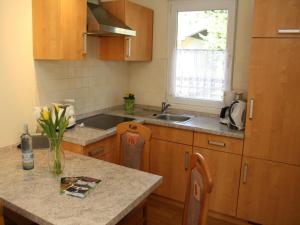 Seepark Heidenholz, Plau am See في بلاو ام سي: مطبخ مع خزائن خشبية وطاولة عمل