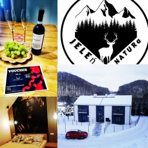 a collage of photos with a bottle of wine and a building at Apartment Roku 2024 - JELEŃ & NATURA in Kudowa-Zdrój