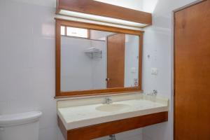 a bathroom with a sink and a mirror and a toilet at Hotel Faranda Bolivar Cucuta, a member of Radisson Individuals in Cúcuta