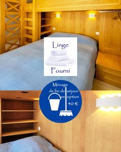 a room with a bed and a sign that readsnancenance die firm aid inventory at Le refuge du prieuré - Les Gîtes de la Côte d'Amour in Batz-sur-Mer