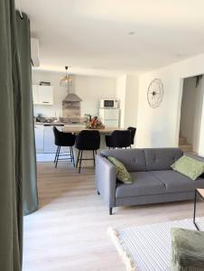 een woonkamer met een bank en een keuken bij ERA - Optional parking in Romans-sur-Isère