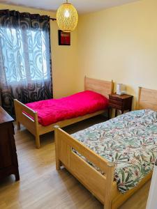 1 Schlafzimmer mit 2 Betten und einer roten Decke in der Unterkunft Le HAMEAU 1936 Gîte des Milanaïs in Cherveux + 18 Fotos