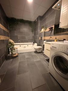 a bathroom with a washing machine and a bath tub at NAR Royalton Deluxe Apartment #74 in Niš