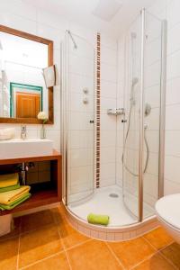 um banheiro com chuveiro e pia em Steigmühle Pension Garni em Füssen mais 35 fotografias