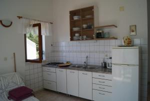 a kitchen with a white refrigerator and a sink at Apartmani Braco Caratan in Zavala +215 photos