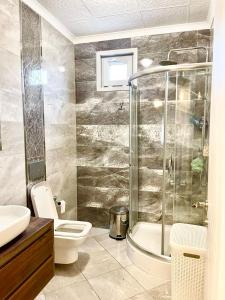 a bathroom with a shower and a toilet and a sink at Duplex Apartment in Yalova in Yalova