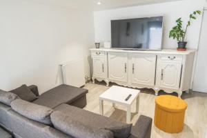 ein Wohnzimmer mit Sofa und Fernseher in der Unterkunft Appartement avec Jardin in Gerzat